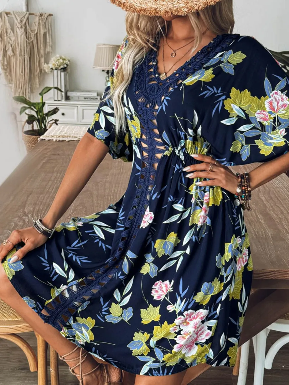 Crochet Front V-Neck Printed Cover-Up, image 3