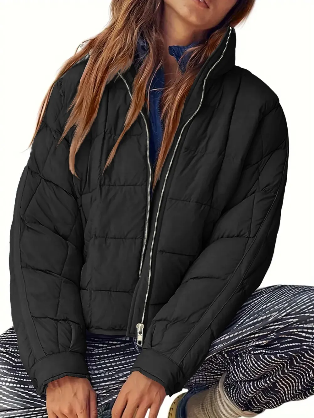 Pocketed Plaid Quilted Zip Up Winter Coat, image 13