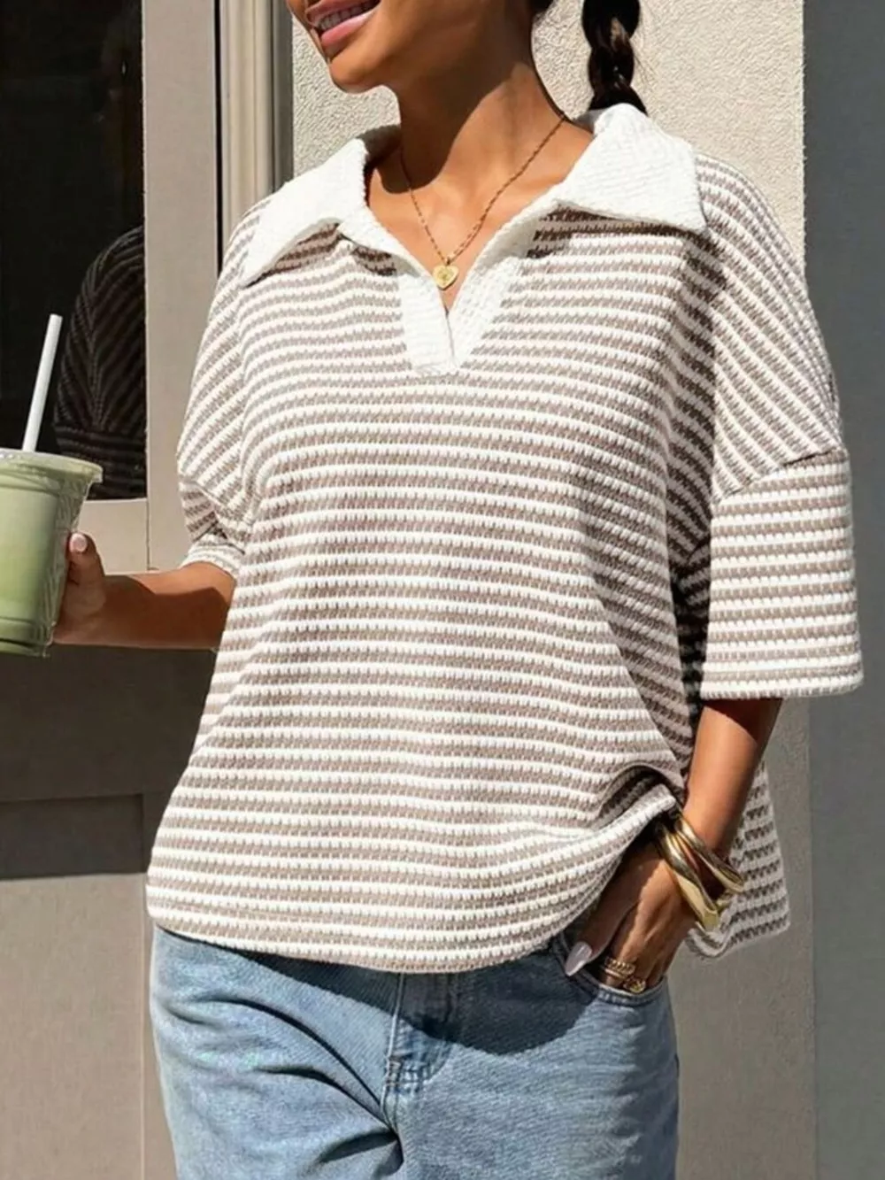 Striped Knit 3/4 Sleeve Polo Top, image 9