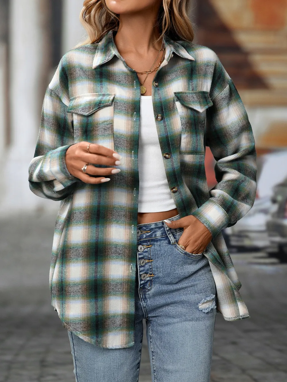 Oversized Plaid Button-Up Shirt, image 7