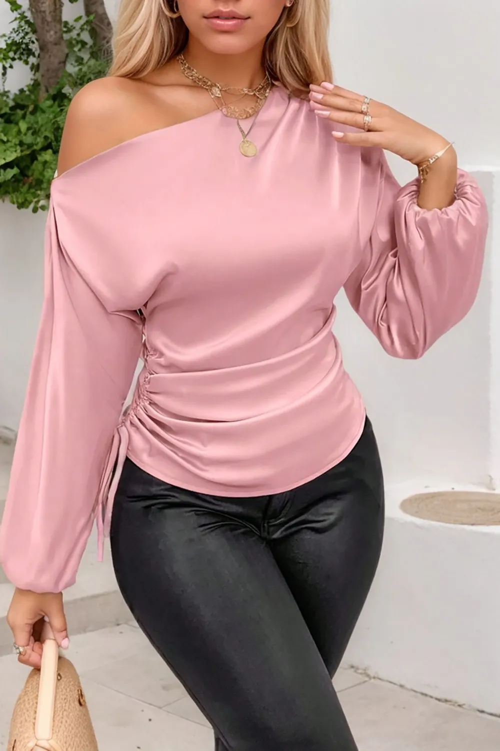 Drawstring One Shoulder Long Sleeve Blouse, image 29