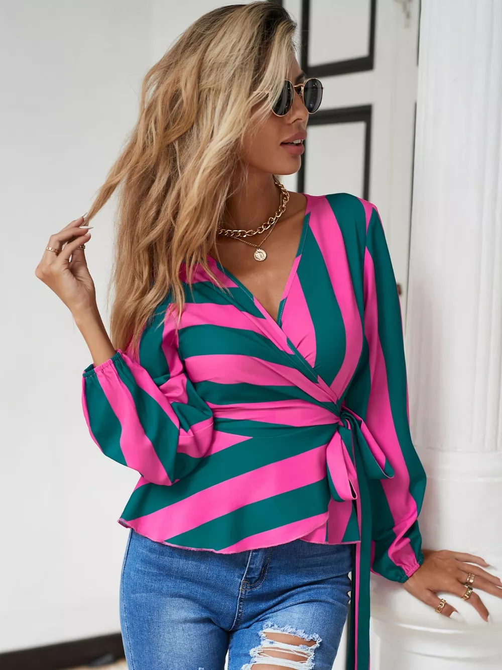 Striped Wrap Blouse with Tie Detail, image 2