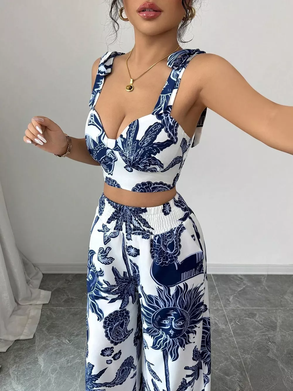 Floral Print Crop Top and Wide Leg Pants Set, image 6