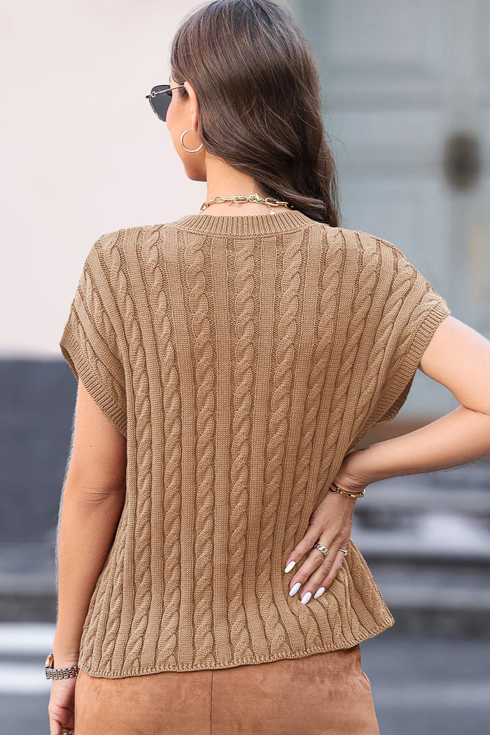 Cable-Knit Round Neck Cap Sleeve Sweater, image 5