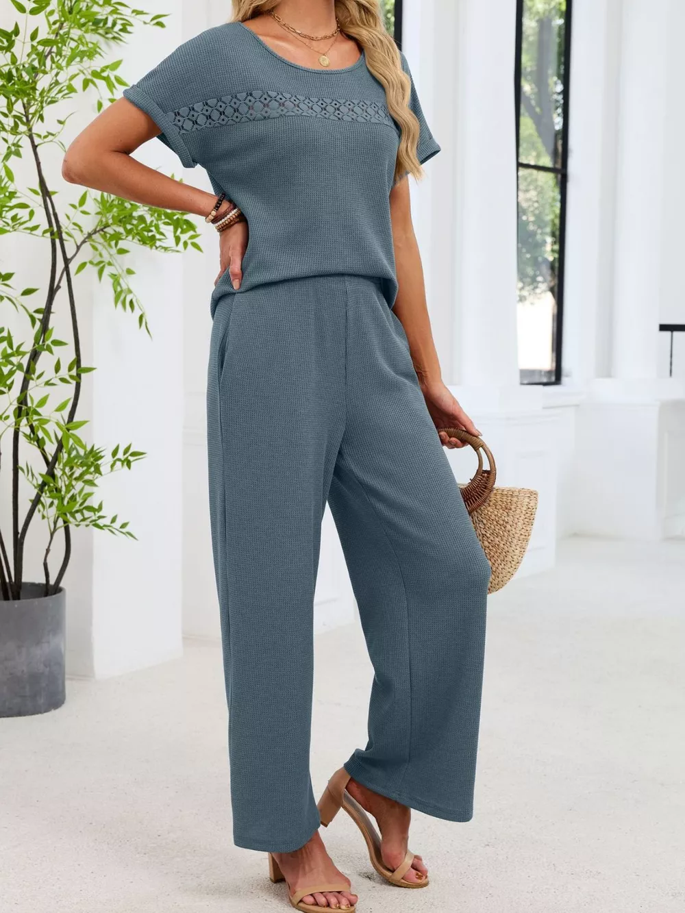 Lace Detail Short Sleeve Top and Pants Set, image 5