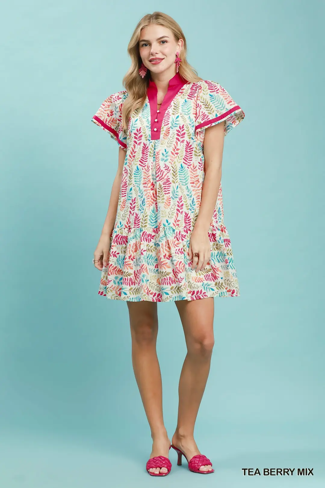 Leaf Print Flutter Sleeve Tiered Mini Dress, image 5