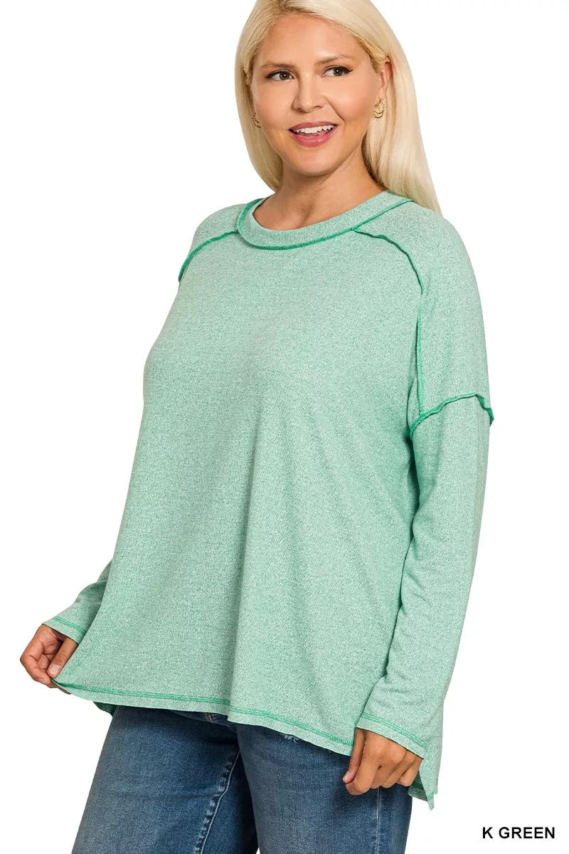 Full Size Melange Hacci Exposed Seam Hi-low Tee Plus Size, image 3