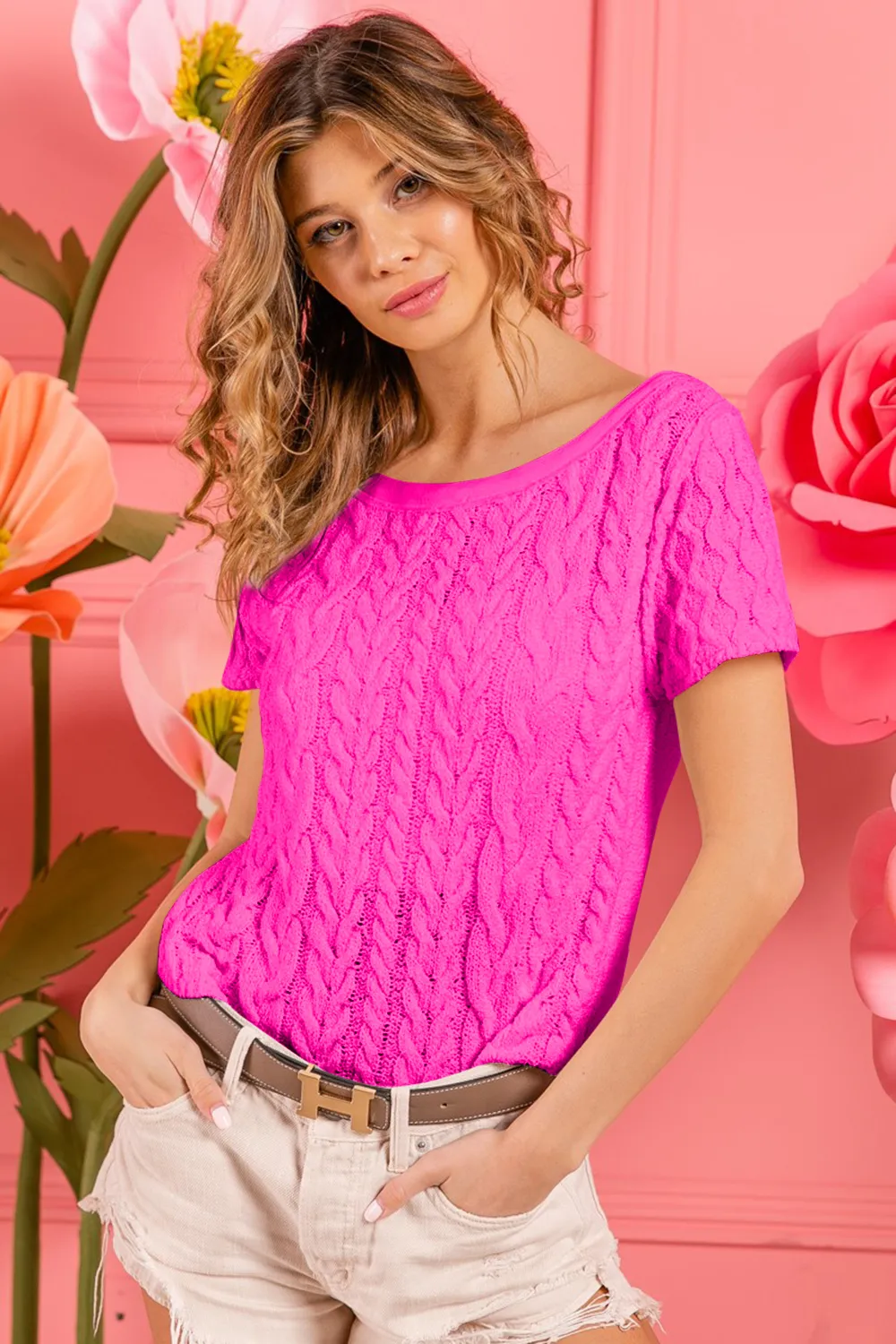 Cable Knit Short Sleeve Sweater, image 2
