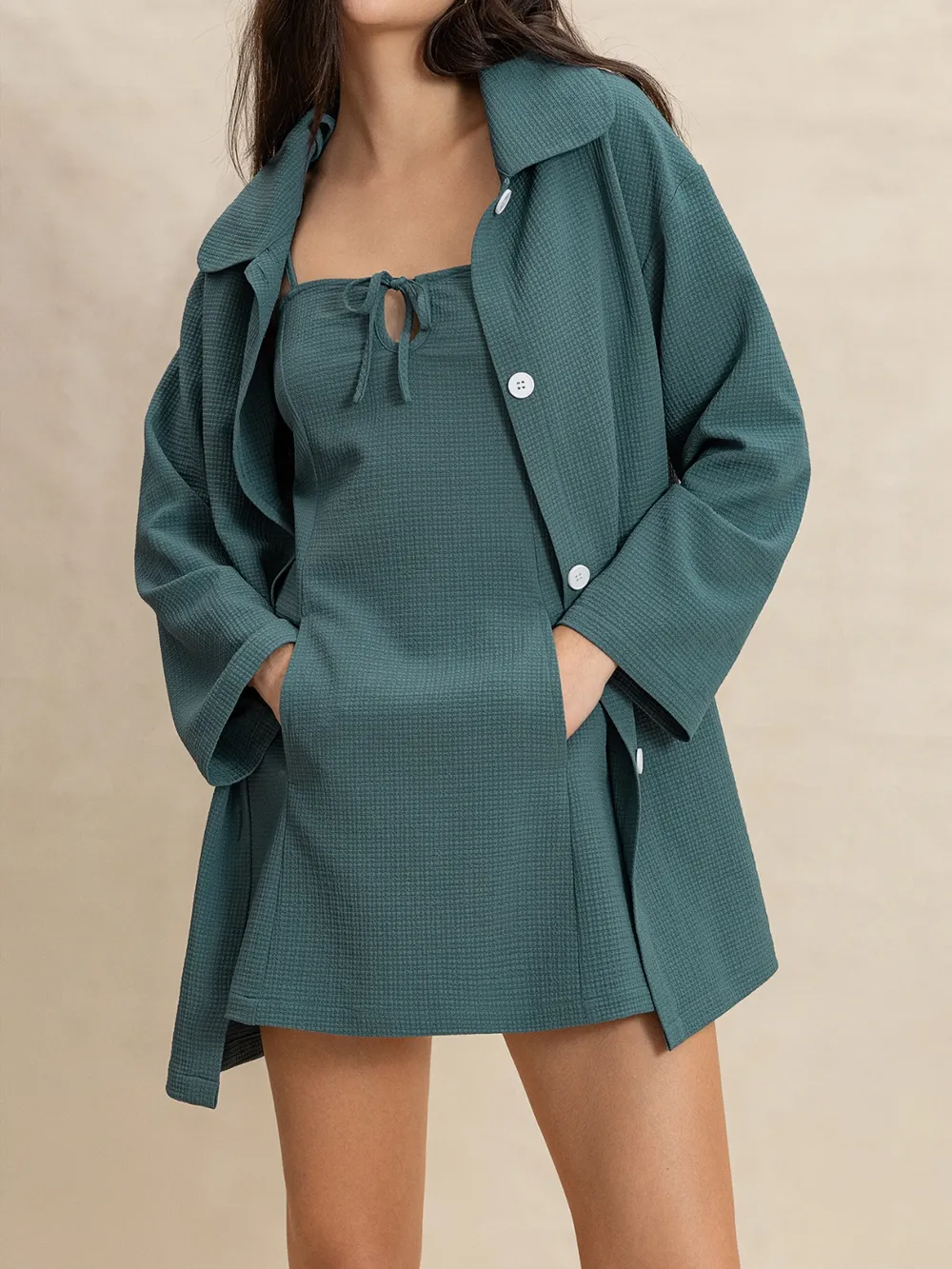 Tie Shoulder Mini Dress and Long Sleeve Top Set, image 2