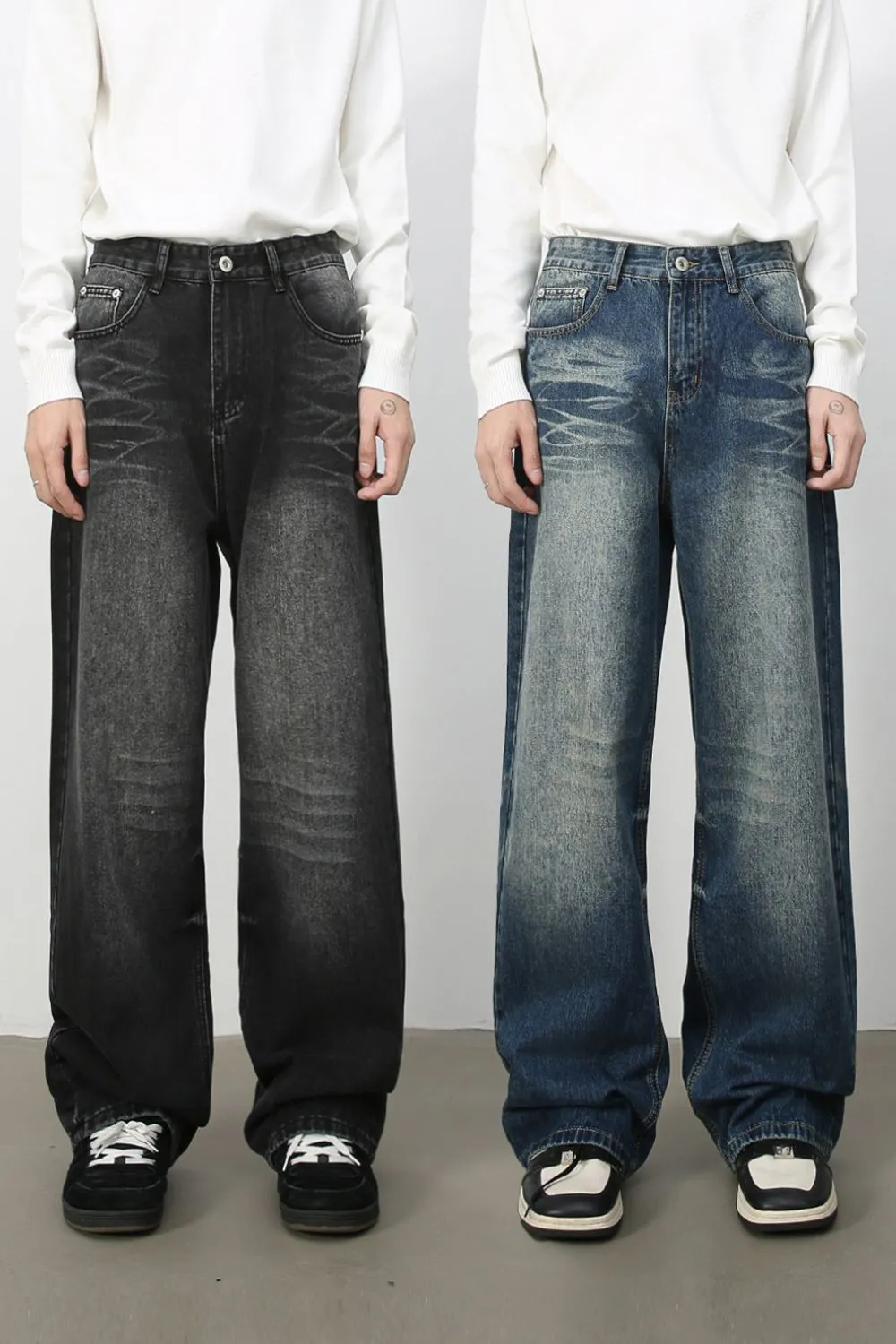 Men's Washed Wide Leg Jeans with Pockets, image 2
