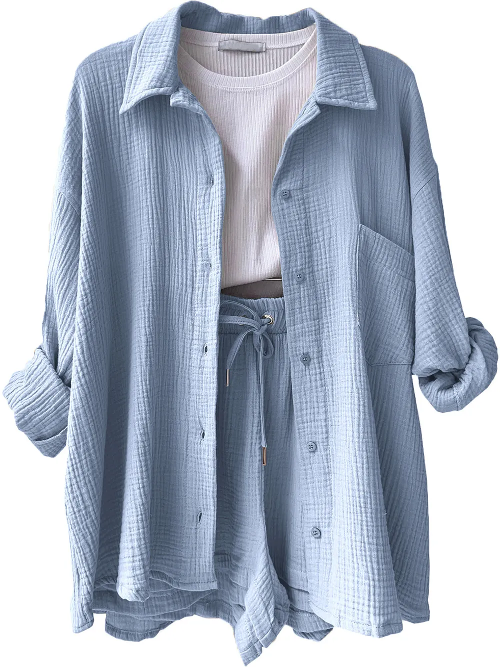 Texture Button Up Shirt and Drawstring Shorts Set, image 8