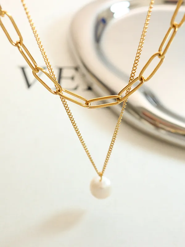 Freshwater Pearl Titanium Steel Double-Layered Necklace, image 2