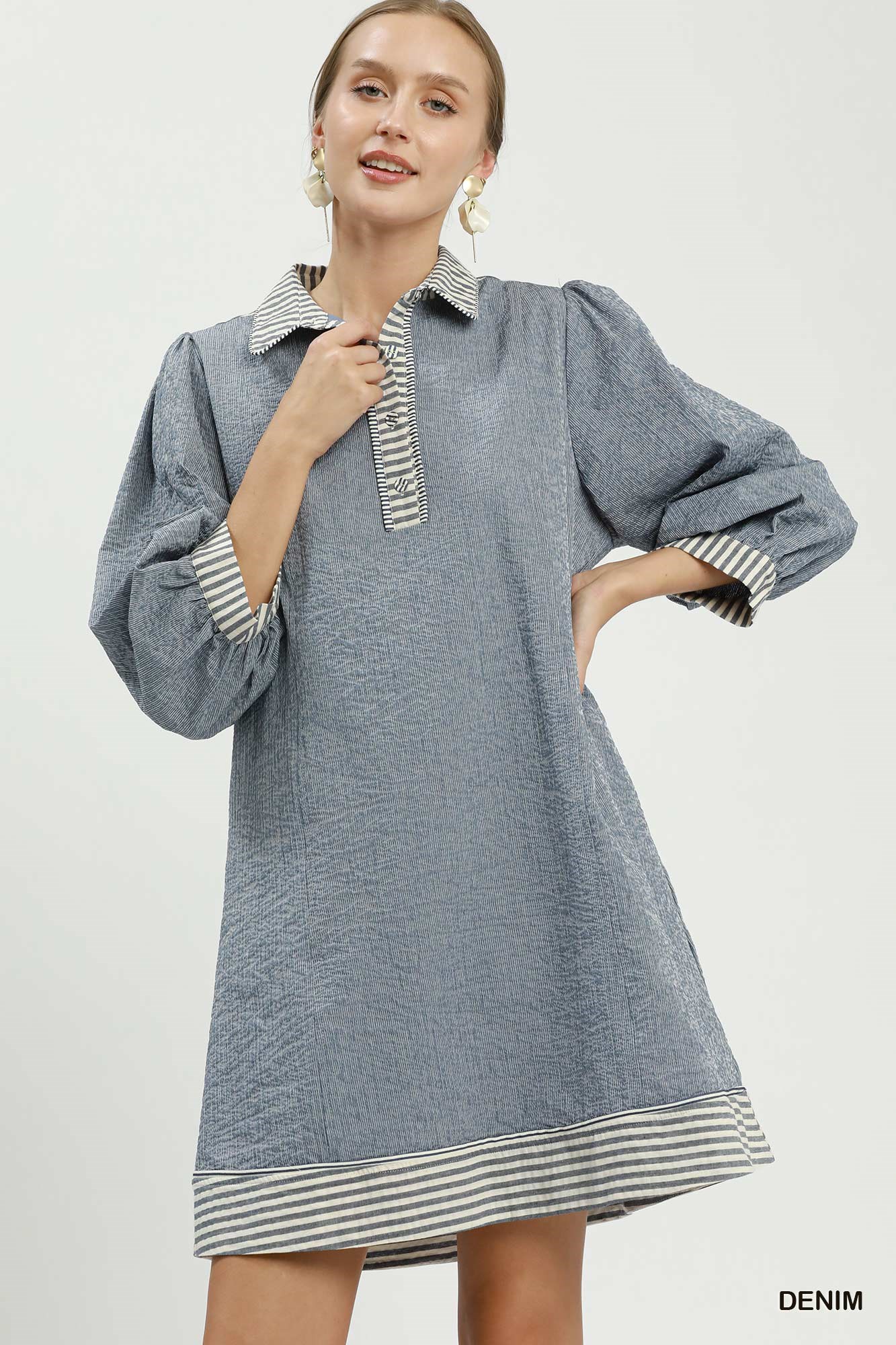 Striped Contrast Belted Puff Sleeve Mini Dress, image 2