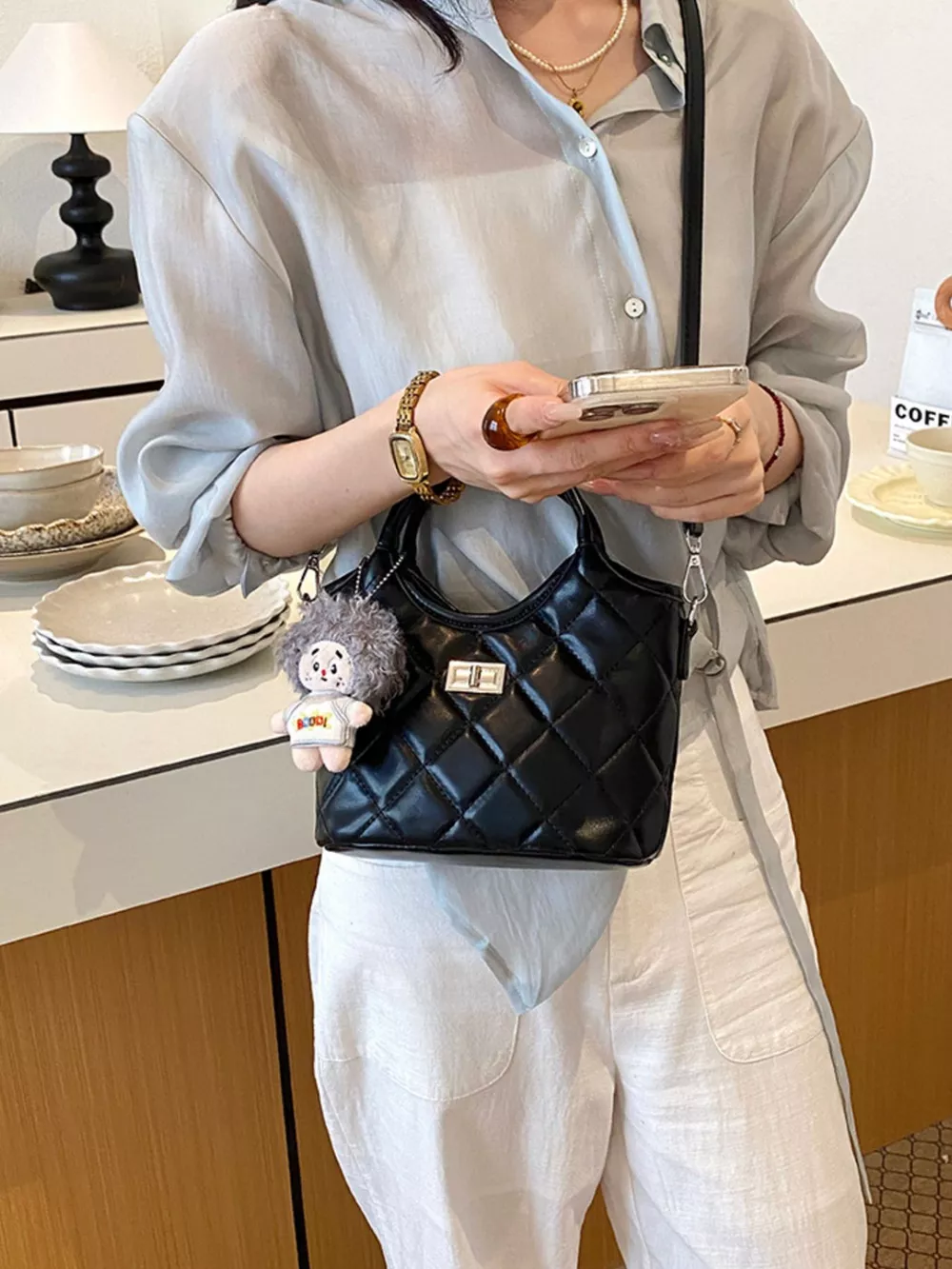Quilted Crossbody Bag with Plush Charm, image 5