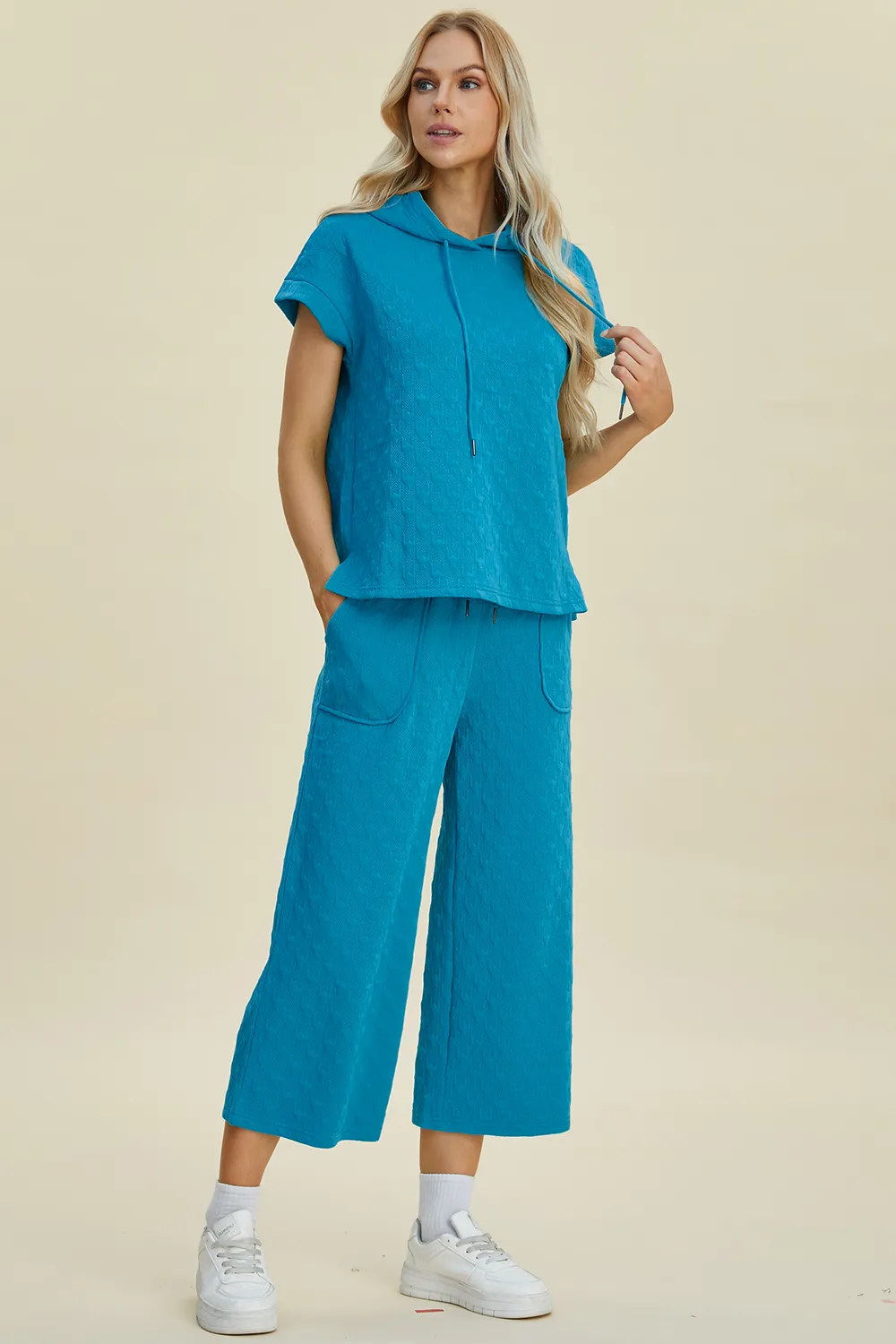 Full Size Texture Drawstring Short Sleeve Hoodie and Pocketed Pants Set, image 2