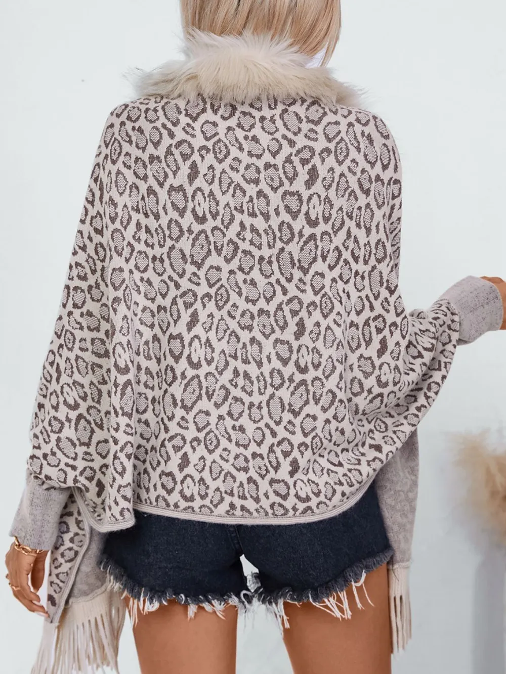 Fringe Leopard Open Front Long Sleeve Poncho, image 2