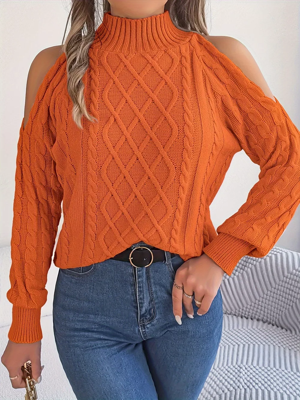 Cable Knit Cold Shoulder Turtleneck Sweater, image 5