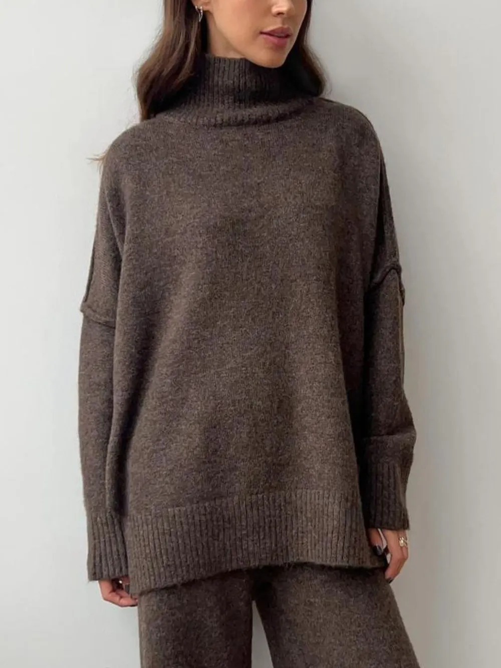 Slit Turtleneck Long Sleeve Top and Pants Sweater Set, image 12