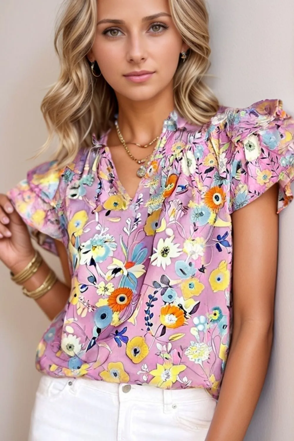 Printed Notched Double Layered Ruffle Sleeve Blouse, image 5