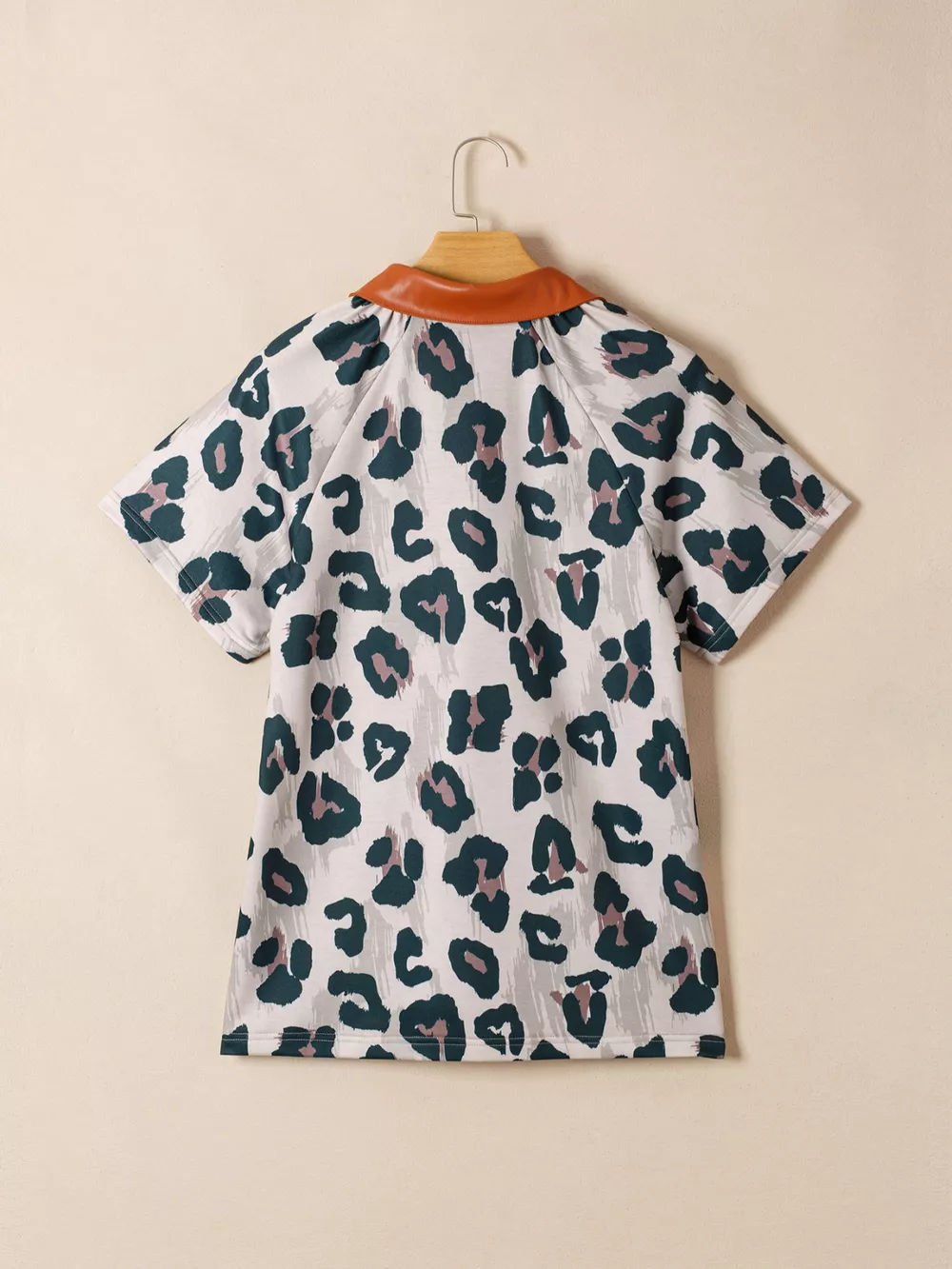\Leopard Print Button Contrast Collared Short Sleeve Blouse, image 4