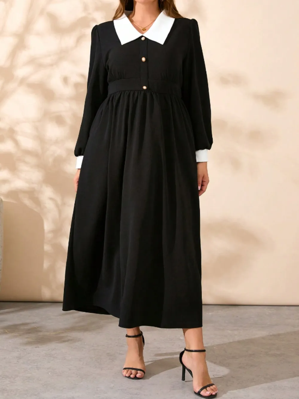 Plus Size Contrast Collared Neck Long Sleeve Midi Dress, image 2