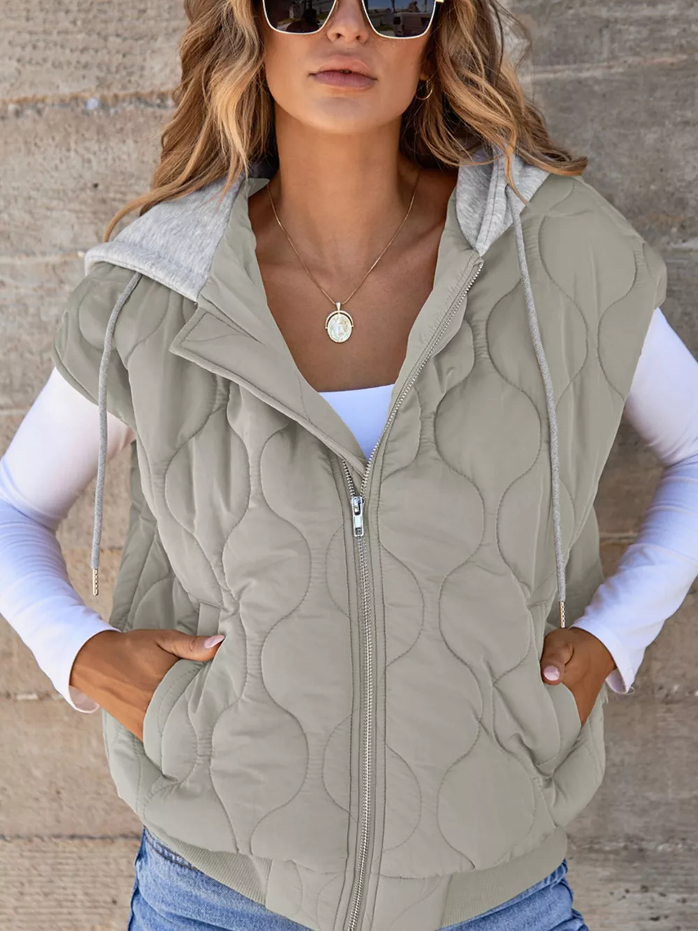 Quilted Drawstring Hooded Zip Up Puffer Vest, image 13