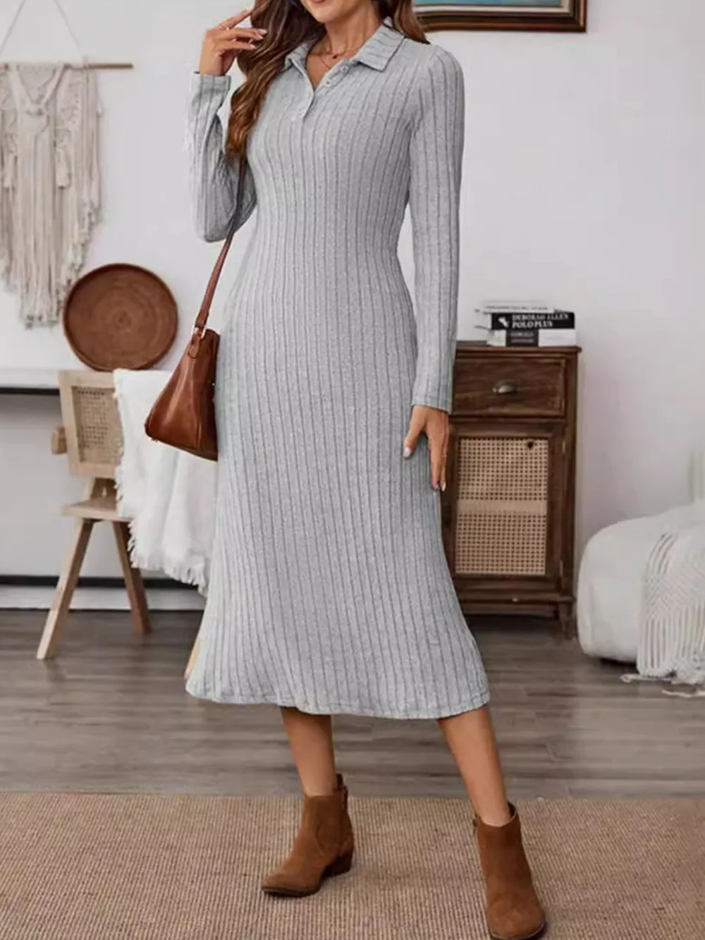 Collared Neck Long Sleeve Midi Dress, image 4