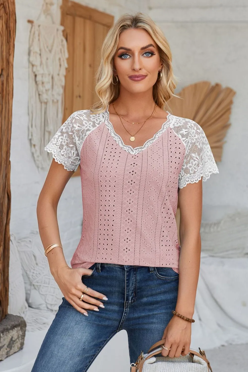 Eyelet V-Neck Lace Short Sleeve T-Shirt, image 6