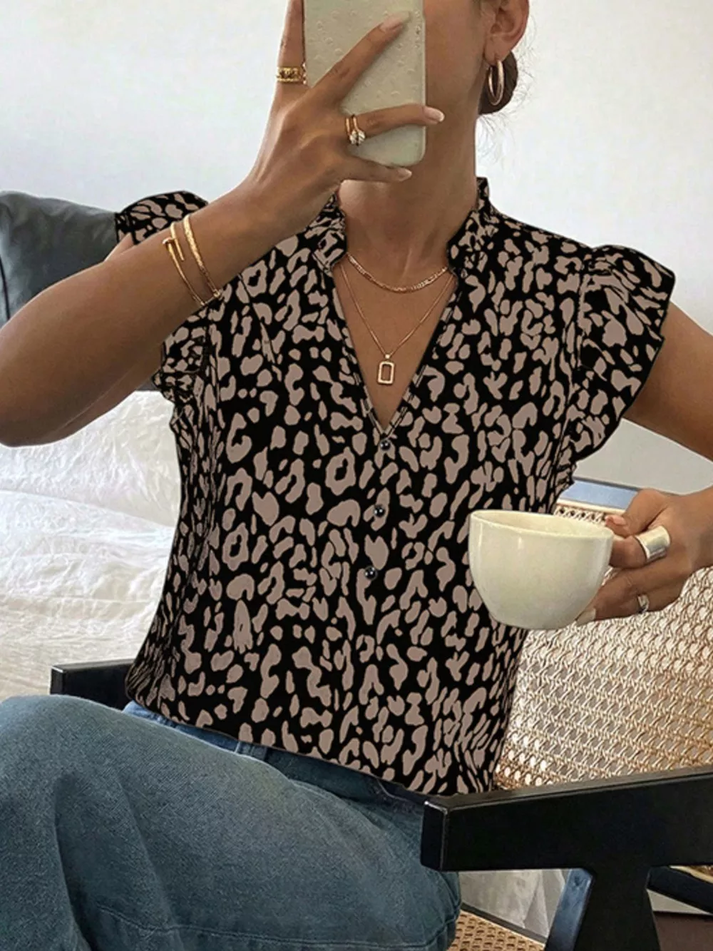 Leopard Print Ruffle Sleeve Blouse, image 6