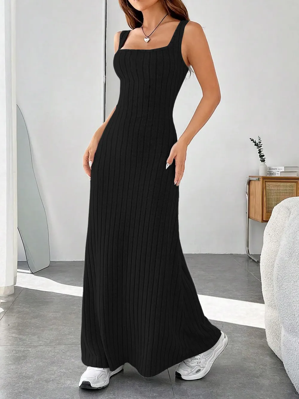 Ribbed Knit Square Neck Sleeveless Maxi Dress, image 18