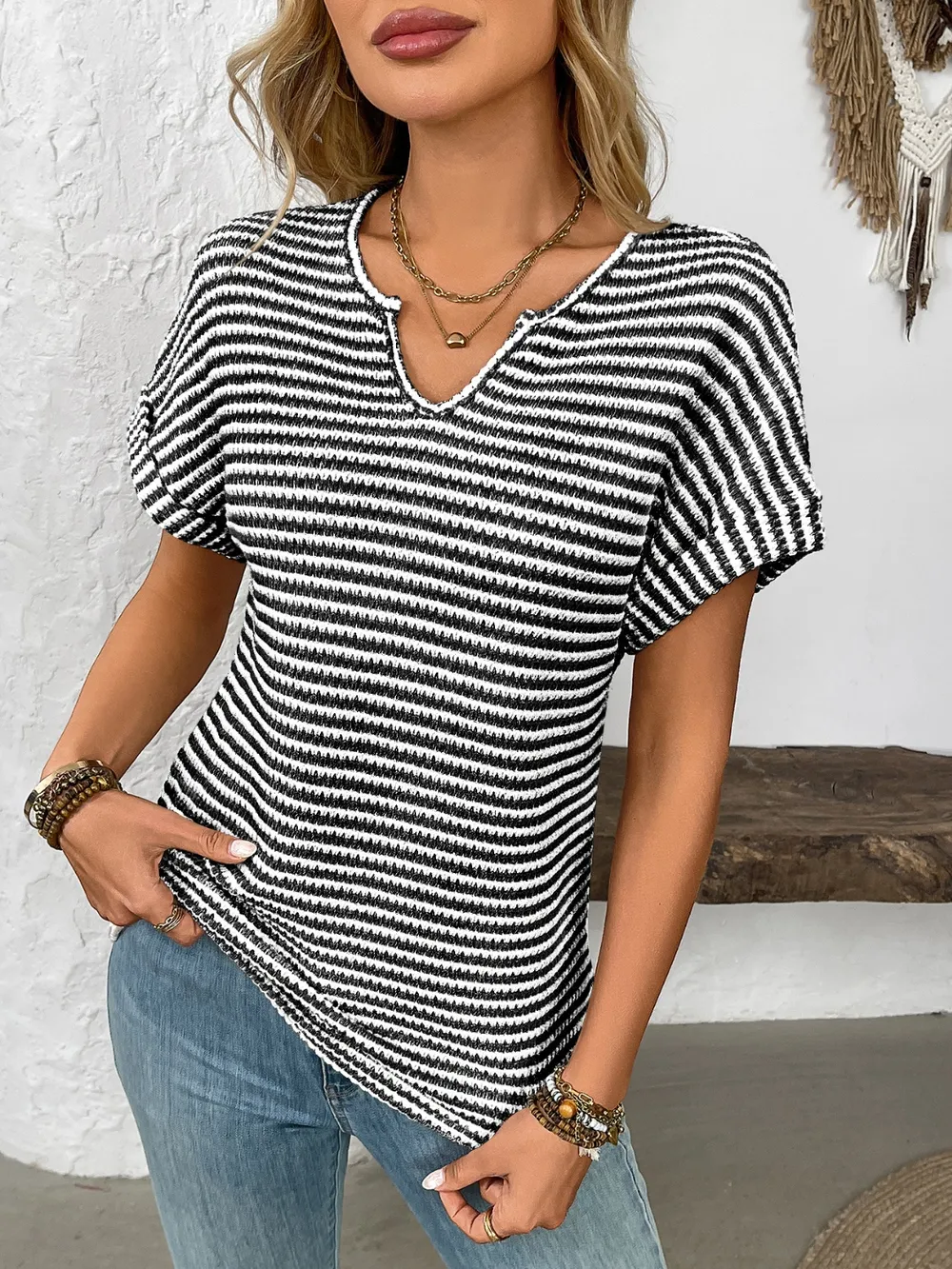 Striped Notched Short Sleeve T-Shirt, image 6