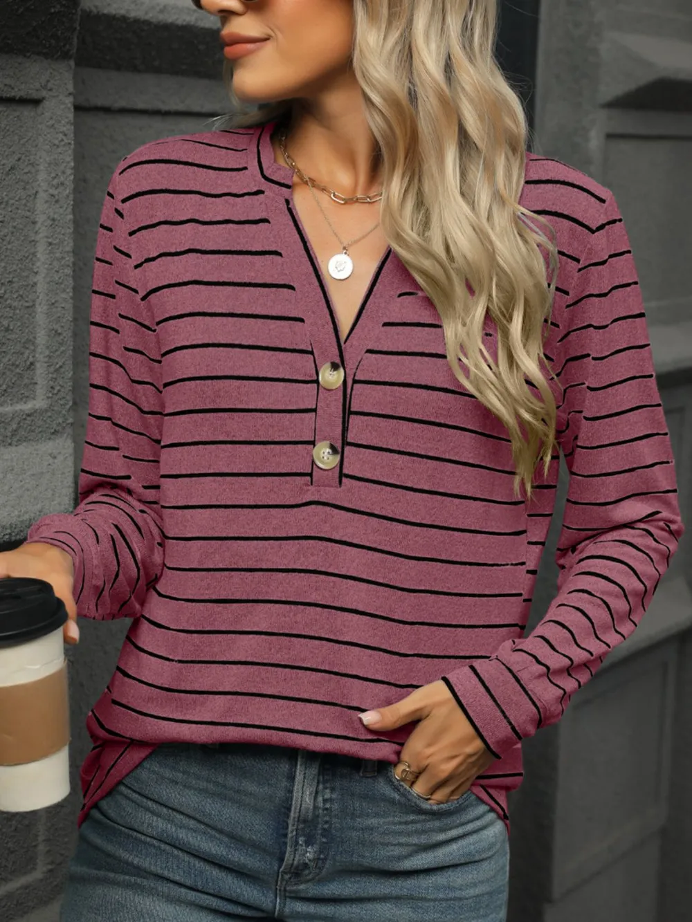 Striped Notched Long Sleeve T-Shirt, image 12
