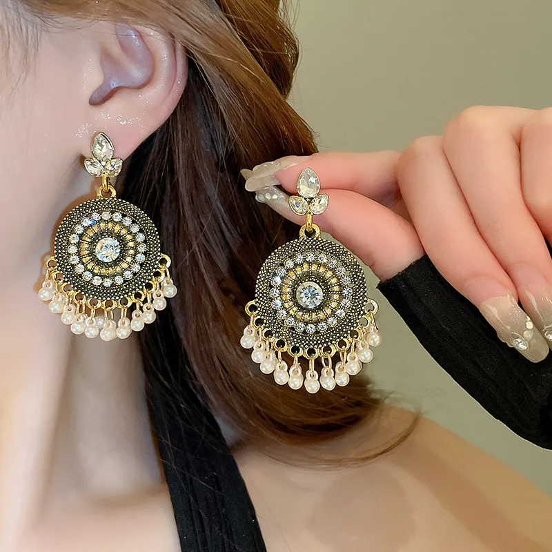 Rhinestone Alloy Bead Dangle Earrings, image 2