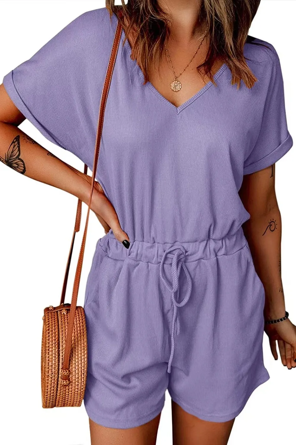 Full Size Drawstring V-Neck Short Sleeve Romper, image 5