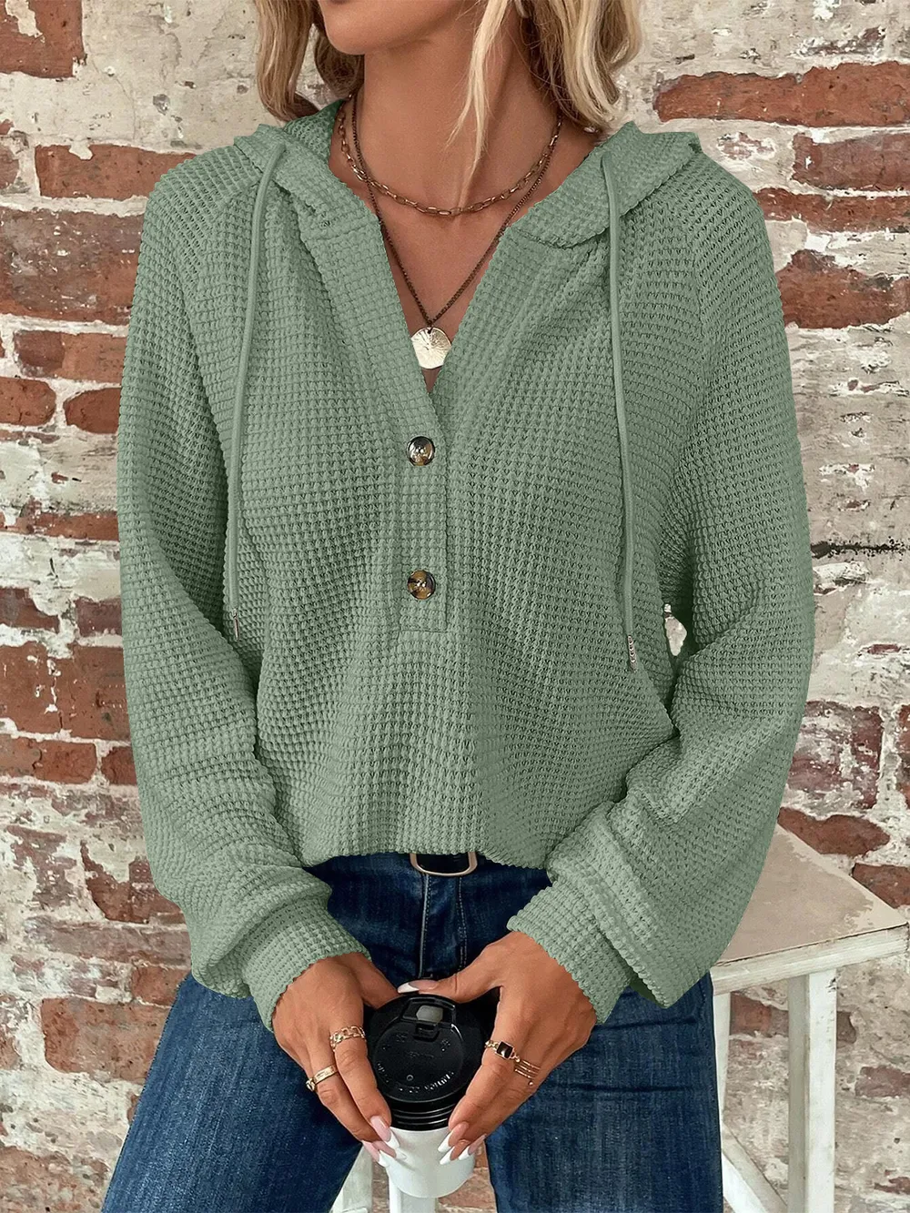 Waffle Knit Long Sleeve Drawstring Hooded Top, image 27
