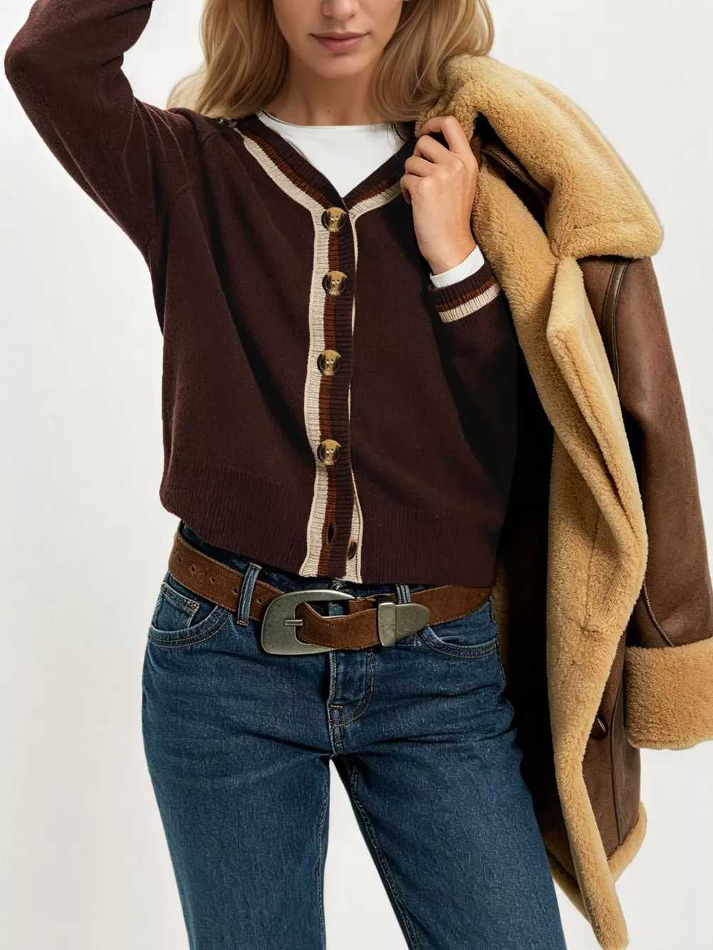 Striped Trim Button-Down Cardigan, image 9