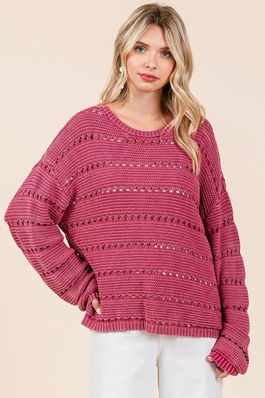 Openwork Round Neck Drop Shoulder Sweater, image 2