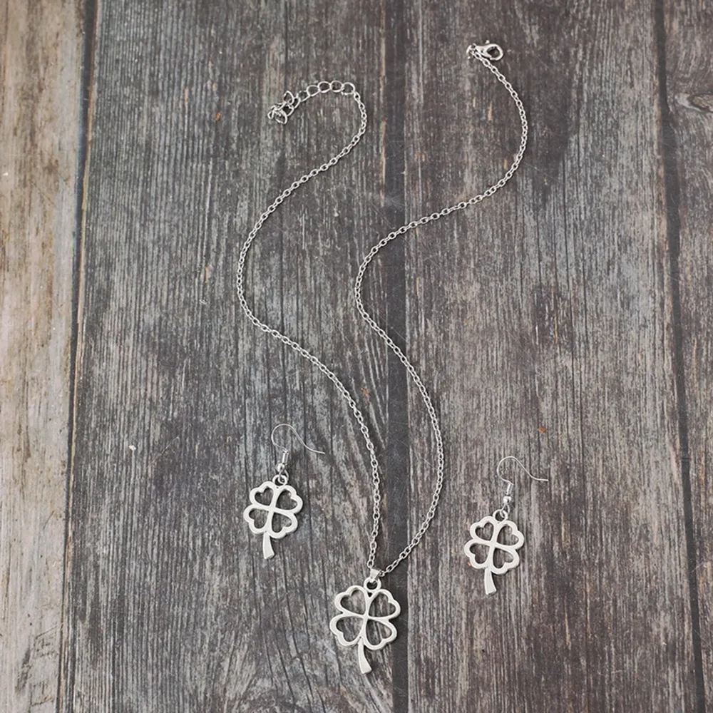 Lucky Clover Alloy Earrings and Necklace Jewelry Set, image 3