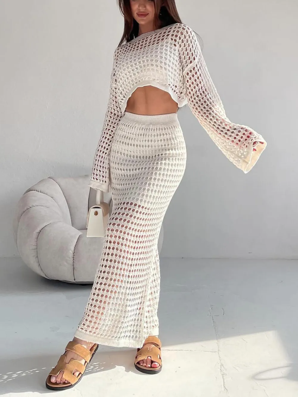 Hollow Out Long Sleeve Top and Skirt Knit Set, image 4