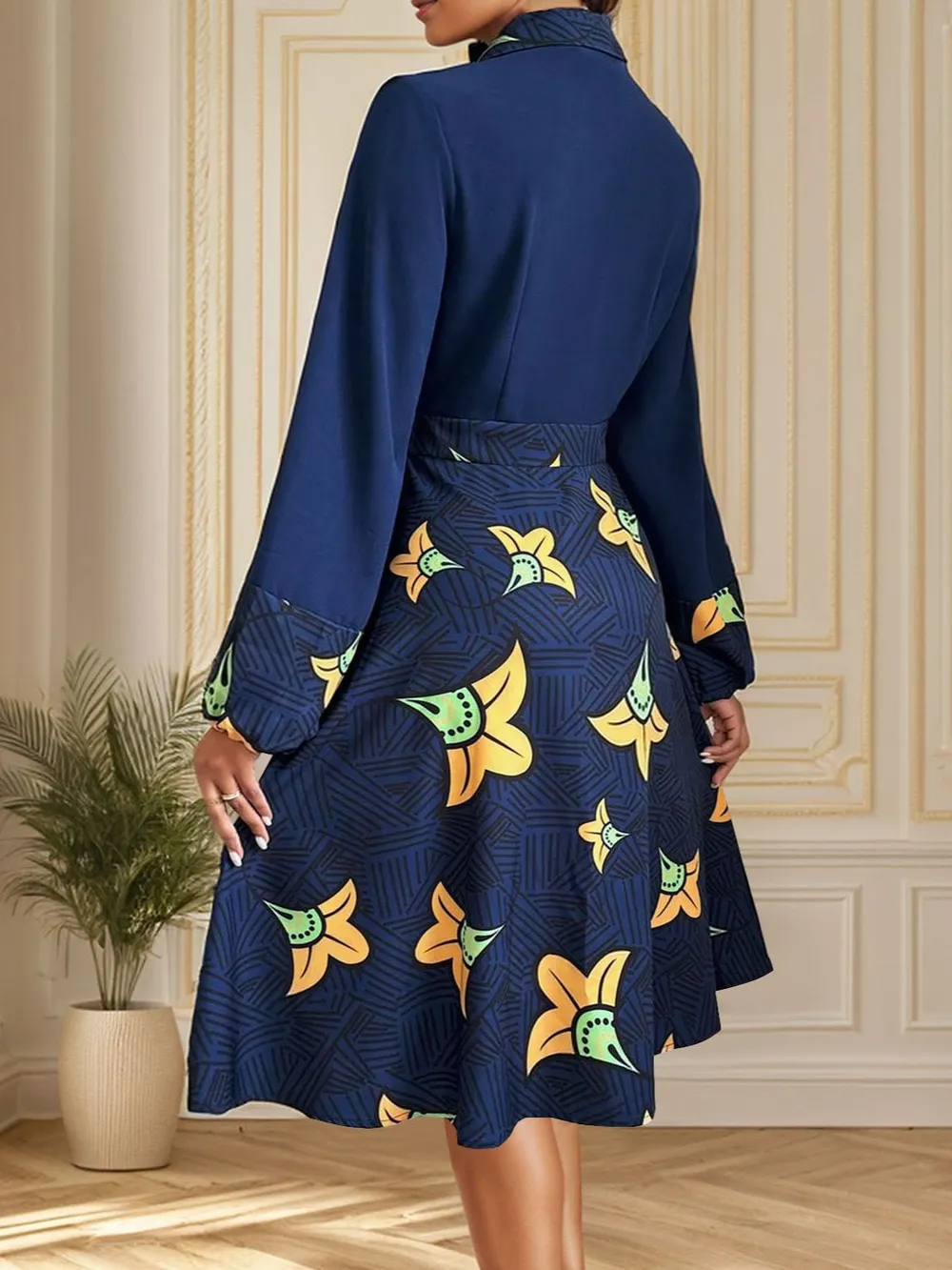 Printed Collared Neck Long Sleeve Dress, image 2