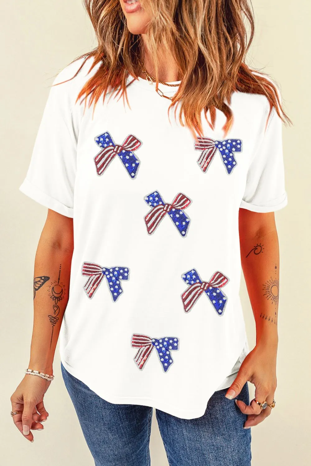 Sequin Flag Bow Pattern Crew Neck Patriotic Tee, image 2