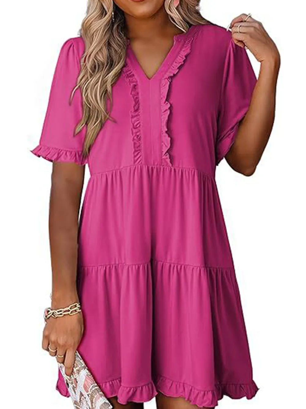 Tiered Notched Short Sleeve Mini Dress, image 4