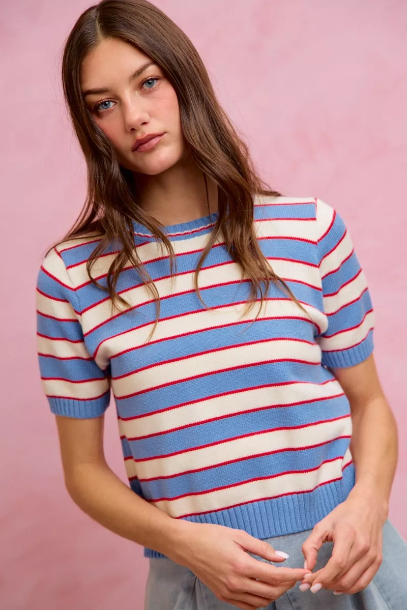 Stripe Knit Crew Neck Short Sleeves Sweater Top, image 11