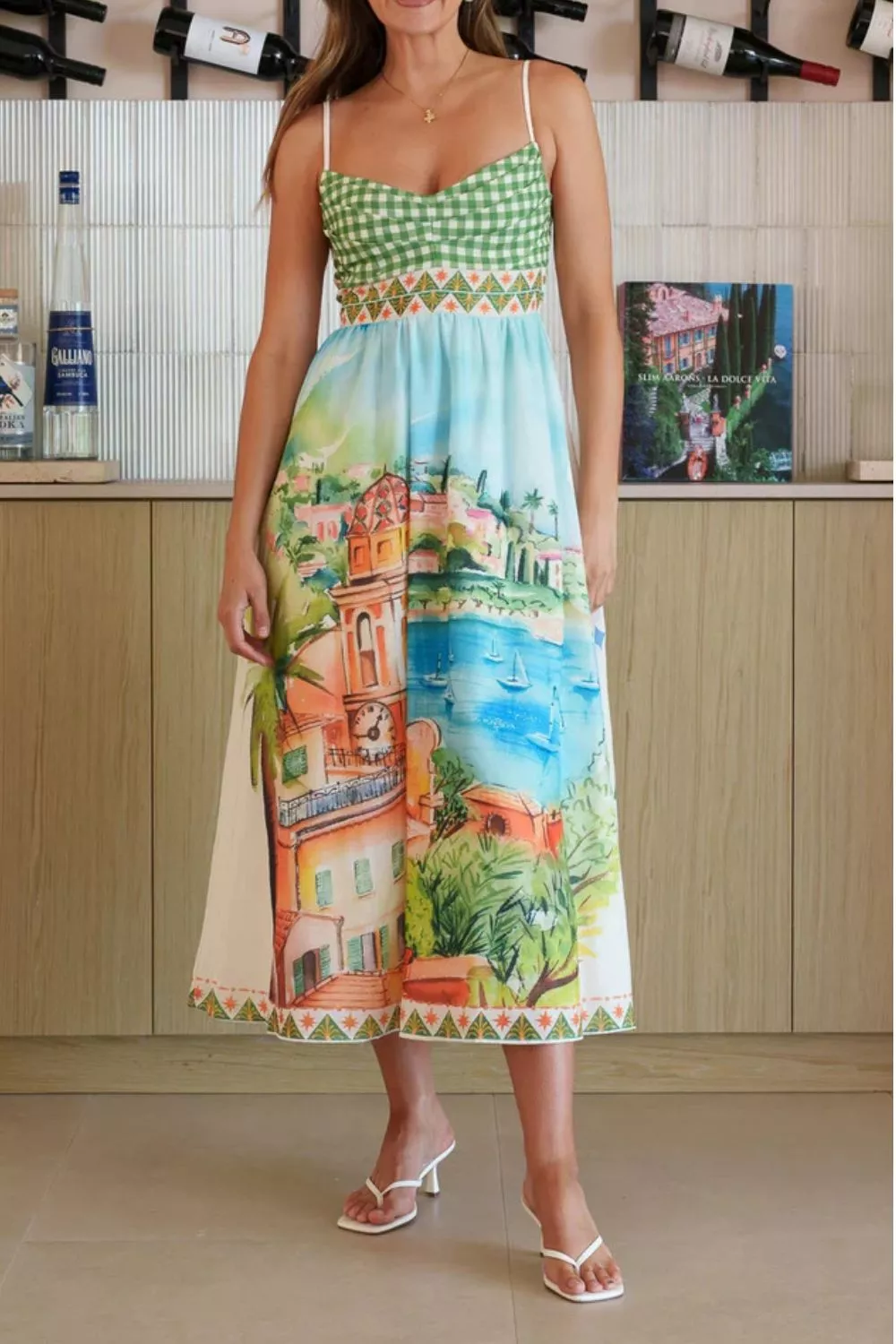 Gingham Bodice Scenic Print Midi Dress, image 6