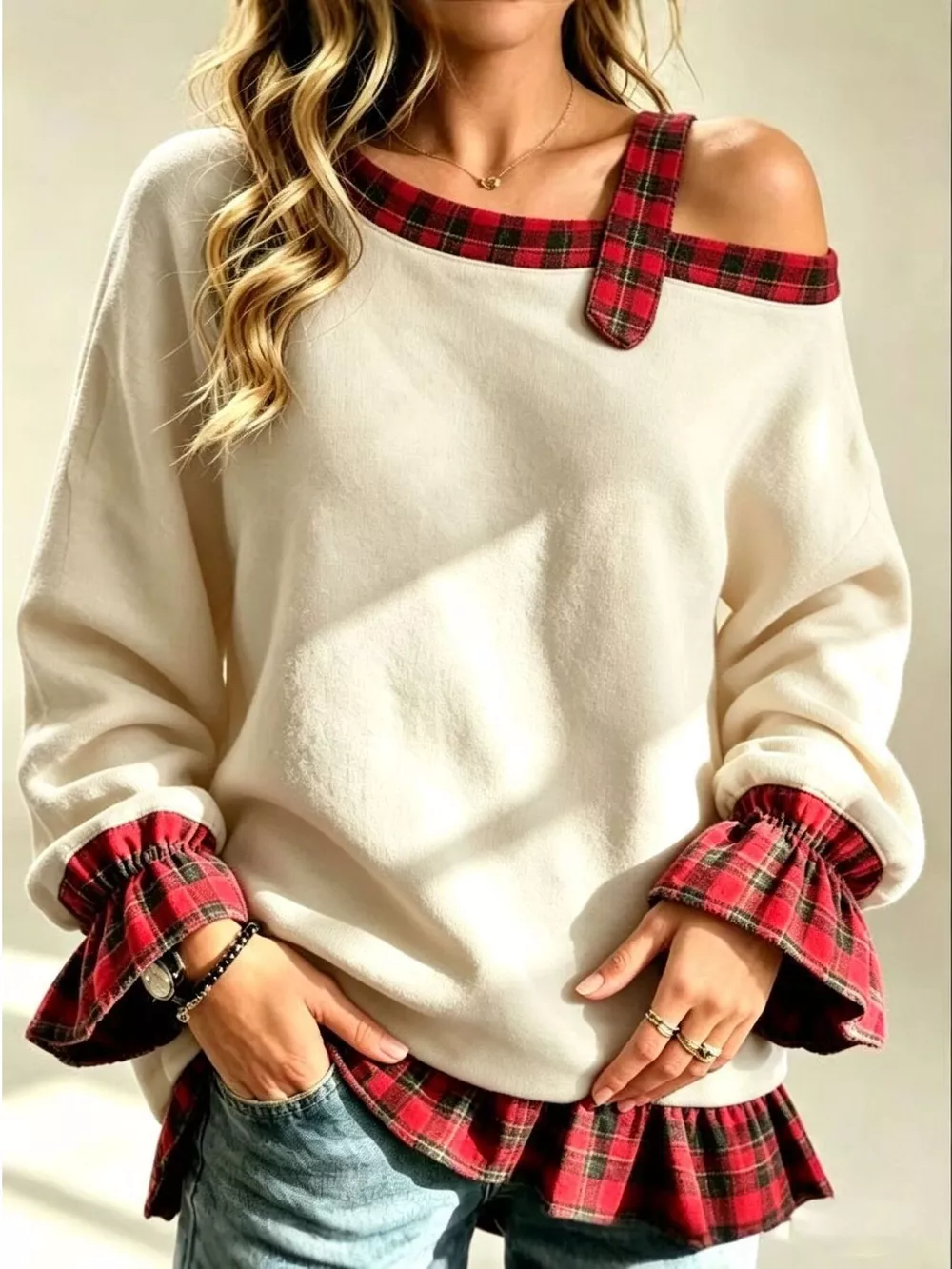 Full Size Cold-Shoulder Plaid Patchwork Long Sleeve Top Plus Size