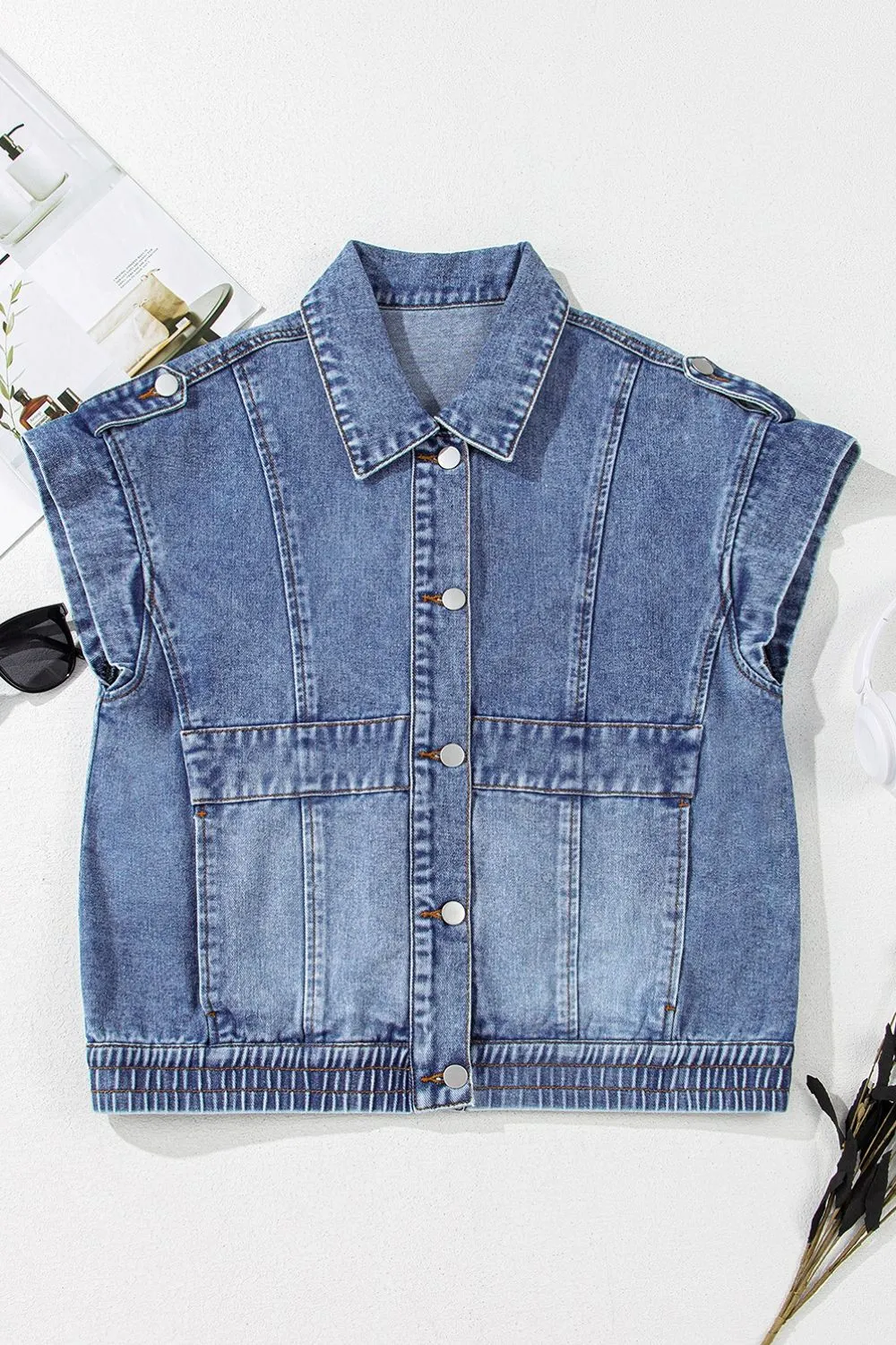 Button Up Cap Sleeve Denim Jacket, image 4
