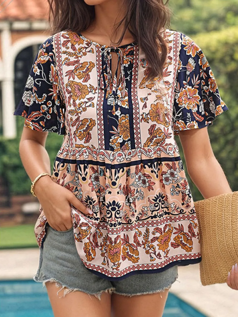 Floral Print Tie Neck Flutter Sleeve Blouse, image 4
