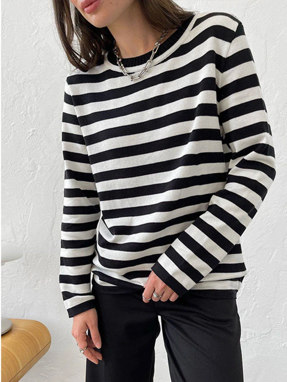 Striped Round Neck Long Sleeve Sweater, image 9