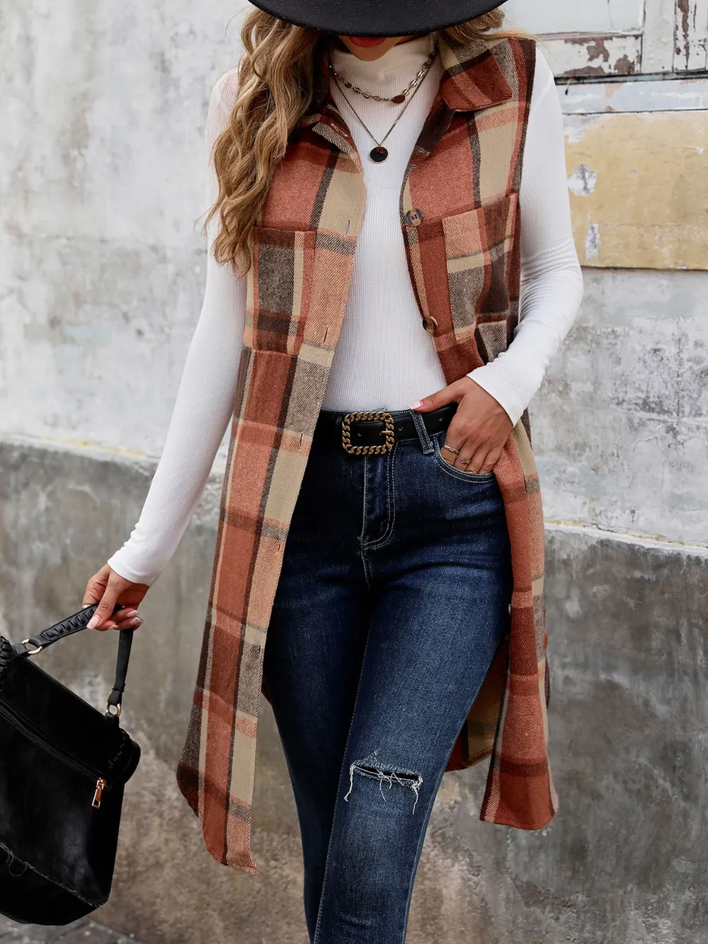 Pocketed Button Up Plaid Vest, image 2