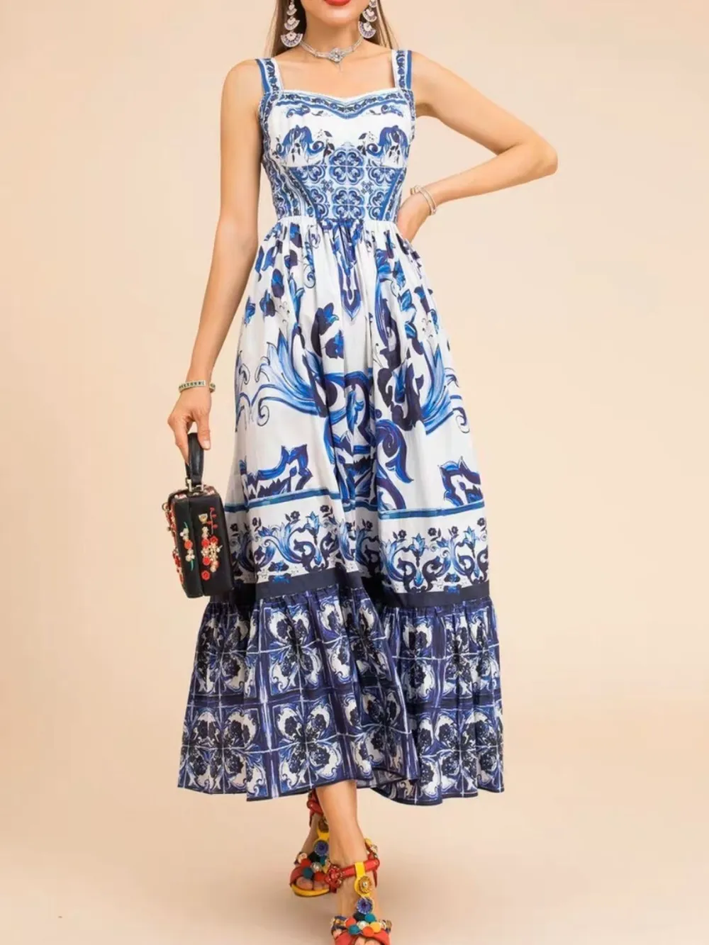 Smocked Printed Wide Strap Dress, image 5